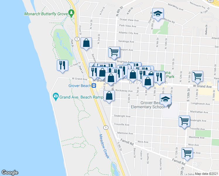 map of restaurants, bars, coffee shops, grocery stores, and more near 353 Rockaway Ave in Grover Beach