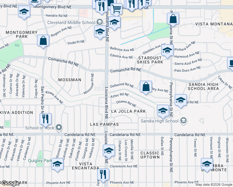 map of restaurants, bars, coffee shops, grocery stores, and more near 7017 Aztec Road Northeast in Albuquerque