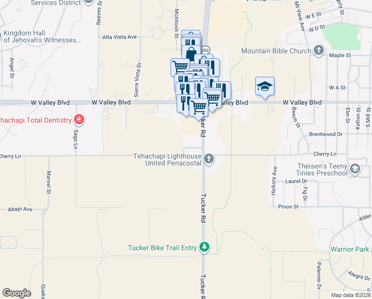 map of restaurants, bars, coffee shops, grocery stores, and more near 1101 Miller Lane in Tehachapi