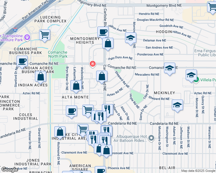 map of restaurants, bars, coffee shops, grocery stores, and more near 3607 Headingly Avenue Northeast in Albuquerque
