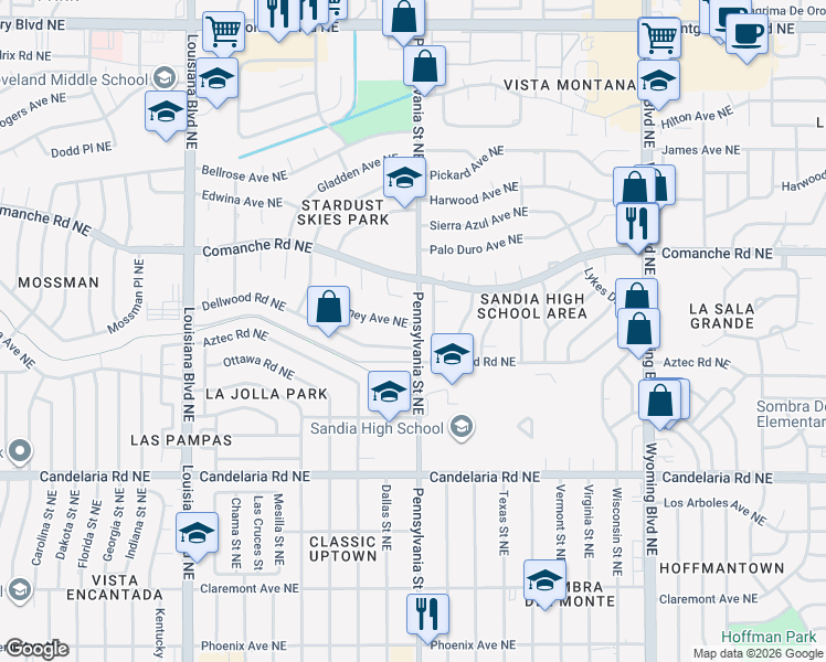 map of restaurants, bars, coffee shops, grocery stores, and more near 7512 Mcnerney Avenue Northeast in Albuquerque