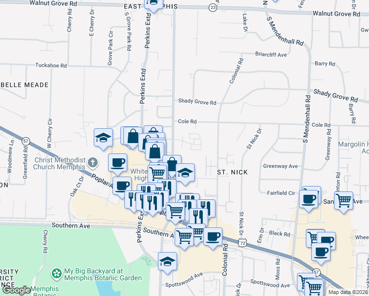 map of restaurants, bars, coffee shops, grocery stores, and more near 368 Caraway Cove in Memphis