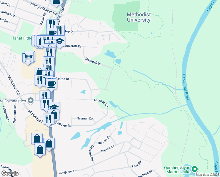 map of restaurants, bars, coffee shops, grocery stores, and more near in Fayetteville