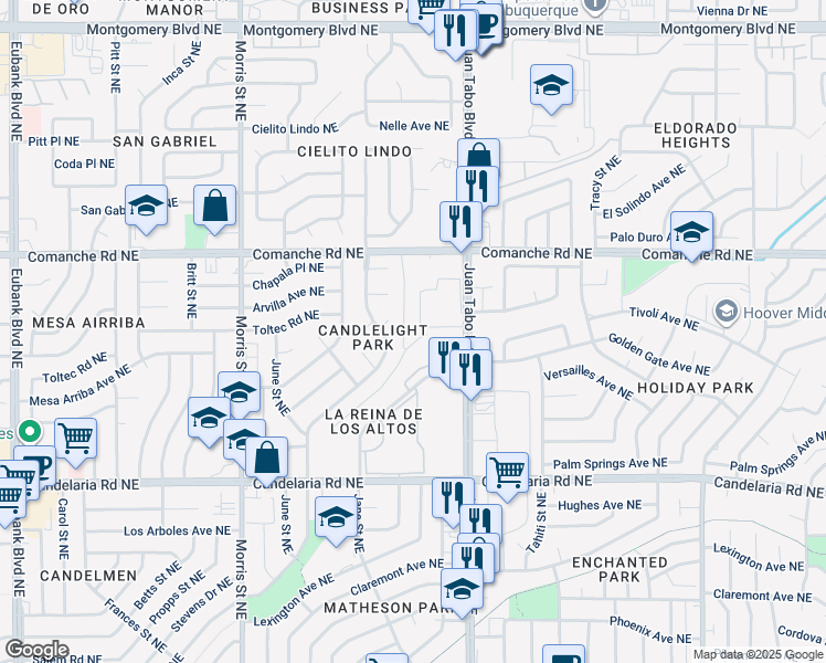 map of restaurants, bars, coffee shops, grocery stores, and more near 3417 Juan Tabo Boulevard Northeast in Albuquerque