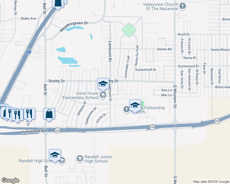 map of restaurants, bars, coffee shops, grocery stores, and more near 5002 Carmel Avenue in Amarillo