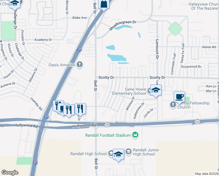 map of restaurants, bars, coffee shops, grocery stores, and more near 8413 Venice Drive in Amarillo