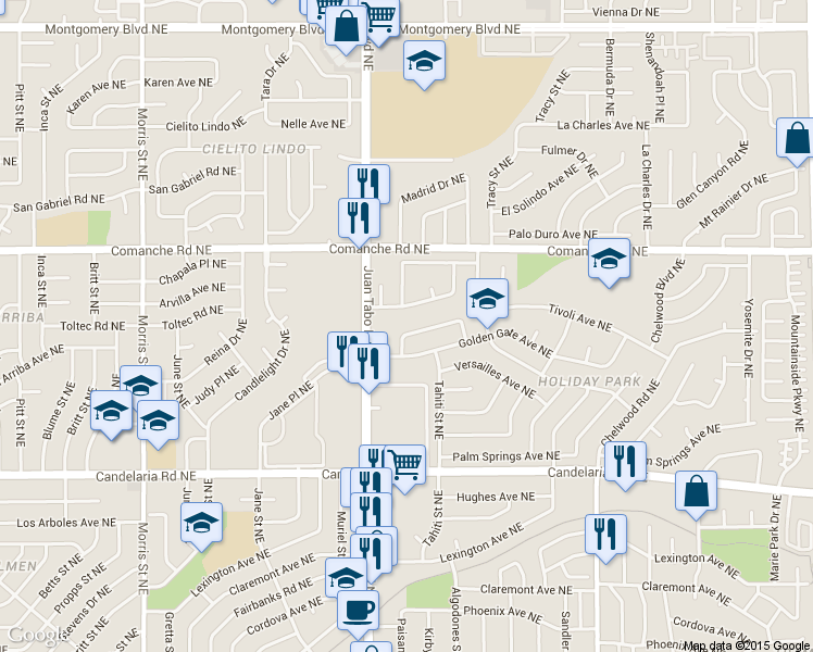 map of restaurants, bars, coffee shops, grocery stores, and more near 11425 Bar Harbor Place Northeast in Albuquerque