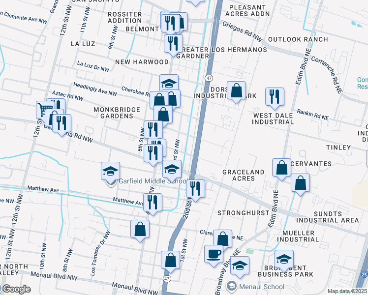 map of restaurants, bars, coffee shops, grocery stores, and more near 223 Veranda Road Northwest in Albuquerque