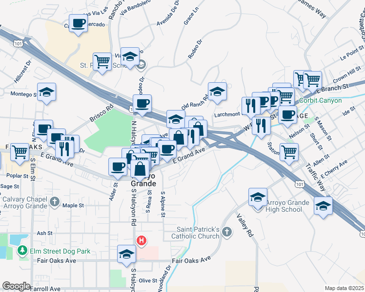 map of restaurants, bars, coffee shops, grocery stores, and more near 507 Cornwall Avenue in Arroyo Grande