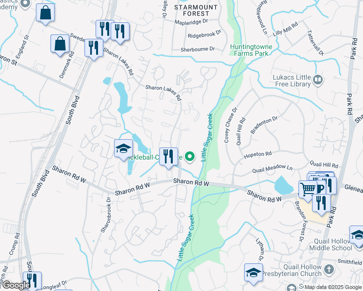 map of restaurants, bars, coffee shops, grocery stores, and more near 2021 Harvest Lane in Charlotte