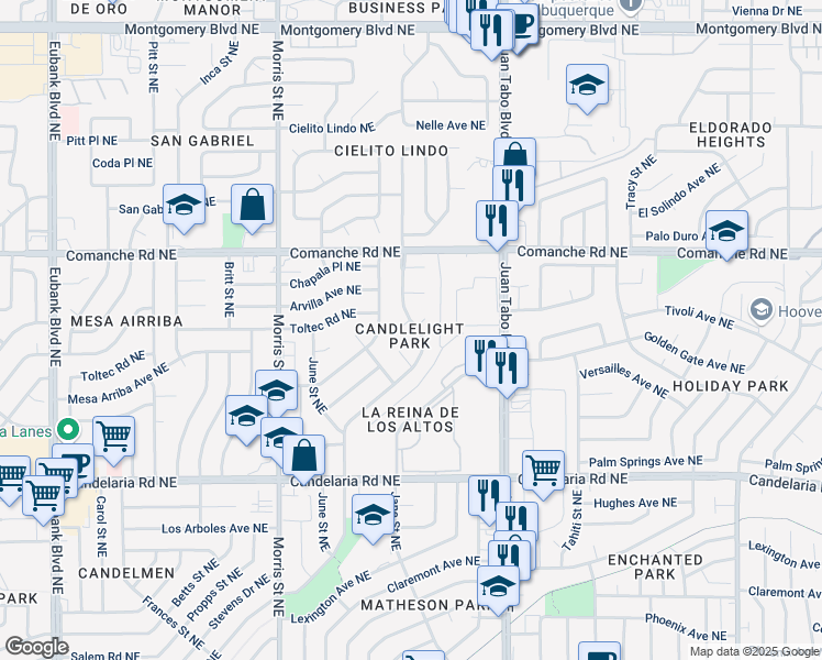 map of restaurants, bars, coffee shops, grocery stores, and more near 10500 Candlelight Court Northeast in Albuquerque