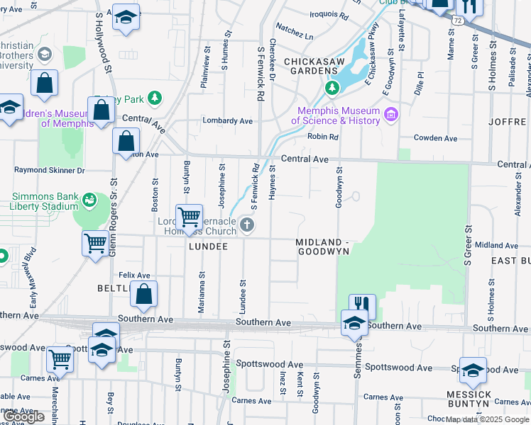 map of restaurants, bars, coffee shops, grocery stores, and more near 405 Haynes Street in Memphis