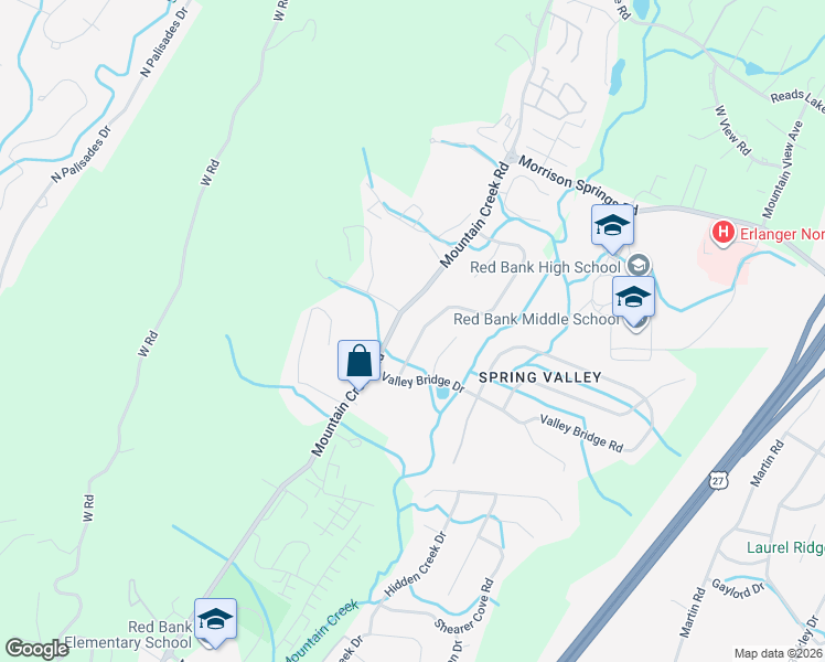 map of restaurants, bars, coffee shops, grocery stores, and more near 3511 Valley Trail in Chattanooga
