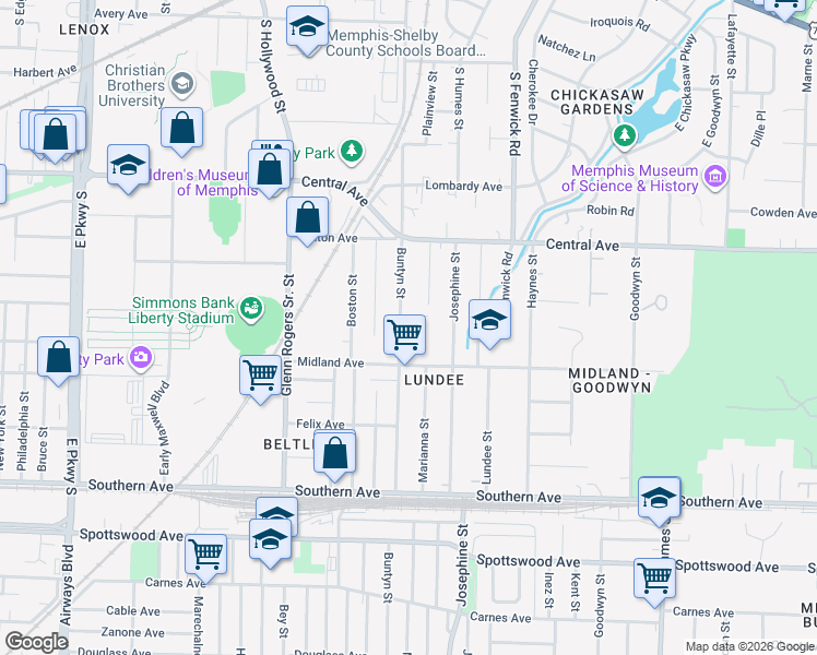 map of restaurants, bars, coffee shops, grocery stores, and more near 406 Buntyn Street in Memphis