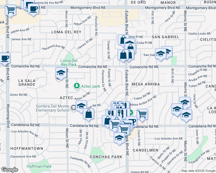map of restaurants, bars, coffee shops, grocery stores, and more near 3413 Espejo Street Northeast in Albuquerque