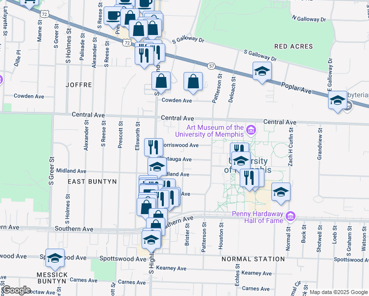 map of restaurants, bars, coffee shops, grocery stores, and more near 3573 Norriswood Avenue in Memphis