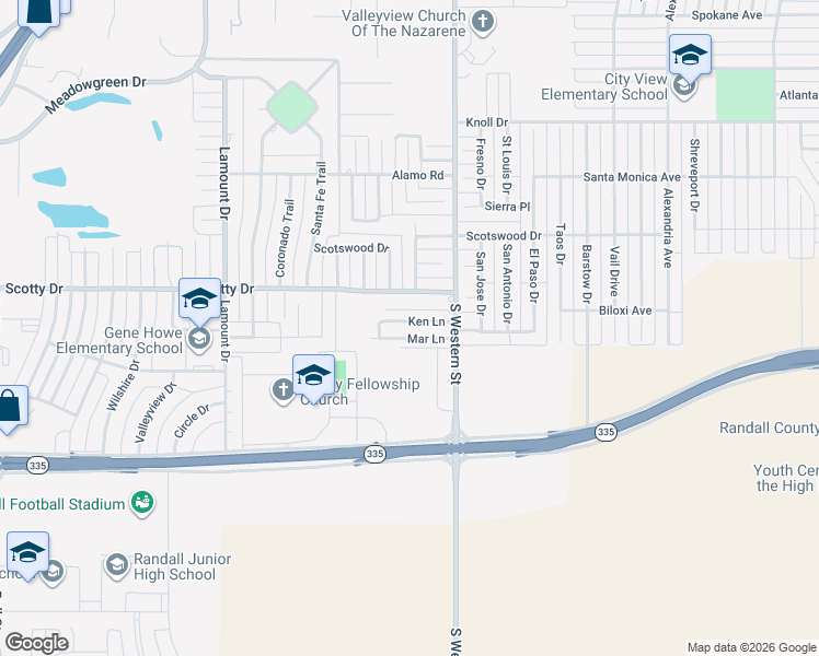 map of restaurants, bars, coffee shops, grocery stores, and more near 8530 South Western Street in Amarillo
