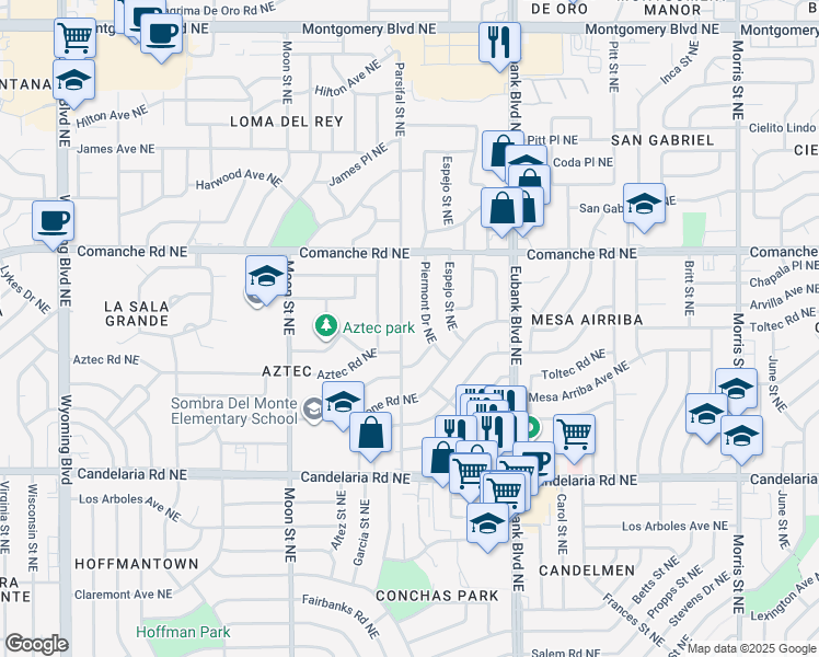 map of restaurants, bars, coffee shops, grocery stores, and more near 3424 Parsifal Street Northeast in Albuquerque