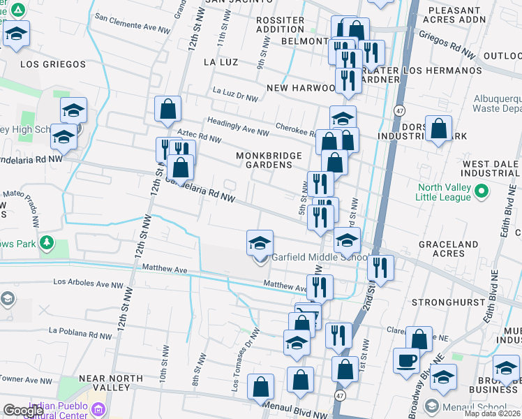 map of restaurants, bars, coffee shops, grocery stores, and more near 7th St NW in Albuquerque