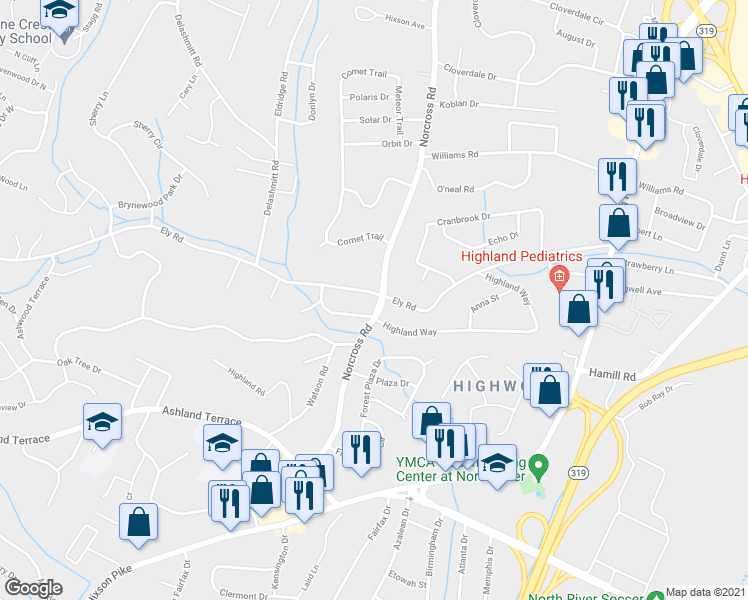 map of restaurants, bars, coffee shops, grocery stores, and more near 4239 Norcross Road in Chattanooga