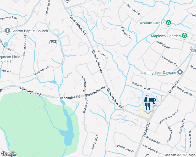 map of restaurants, bars, coffee shops, grocery stores, and more near 6817 Aronomink Drive in Charlotte
