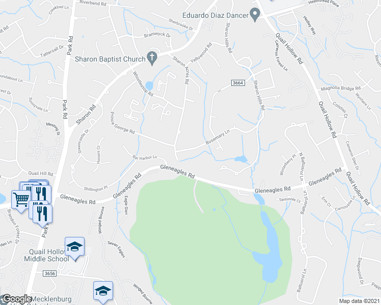 map of restaurants, bars, coffee shops, grocery stores, and more near 6801 Rosemary Lane in Charlotte