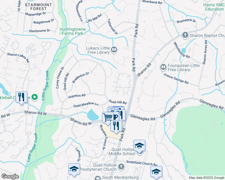 map of restaurants, bars, coffee shops, grocery stores, and more near 8228 Legare Court in Charlotte