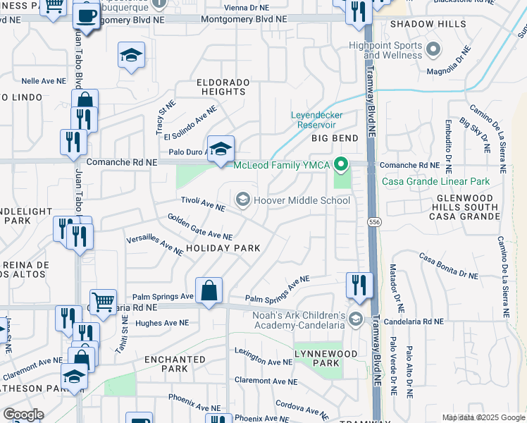 map of restaurants, bars, coffee shops, grocery stores, and more near 3509 Chelwood Park Boulevard Northeast in Albuquerque
