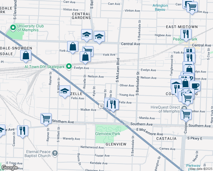 map of restaurants, bars, coffee shops, grocery stores, and more near 912 Emmie Street in Memphis