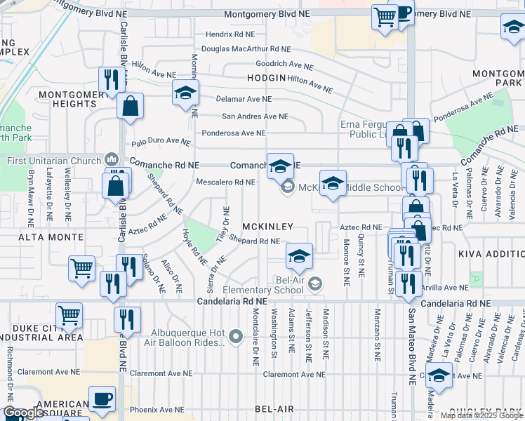 map of restaurants, bars, coffee shops, grocery stores, and more near 3338 Montclaire Drive Northeast in Albuquerque