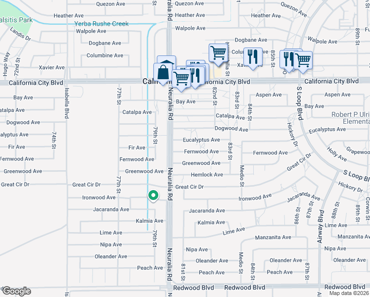 map of restaurants, bars, coffee shops, grocery stores, and more near 8037 Fernwood Avenue in California City