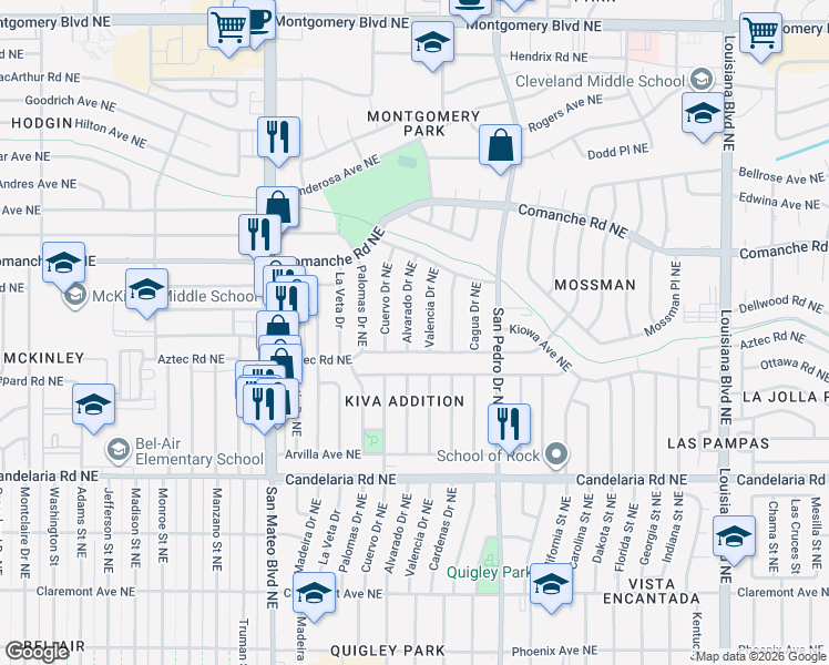 map of restaurants, bars, coffee shops, grocery stores, and more near 3312 Alvarado Drive Northeast in Albuquerque