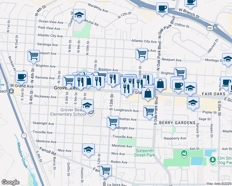 map of restaurants, bars, coffee shops, grocery stores, and more near 1328 West Grand Avenue in Grover Beach