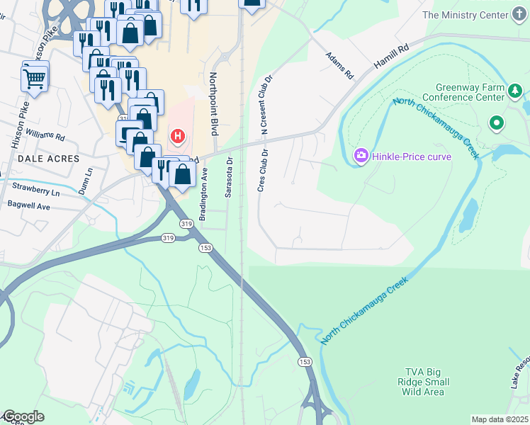 map of restaurants, bars, coffee shops, grocery stores, and more near 2202 Crescent Club Drive in Chattanooga