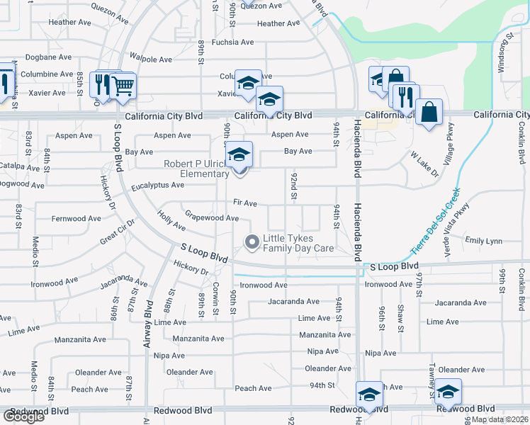map of restaurants, bars, coffee shops, grocery stores, and more near 20661 91st Street in California City