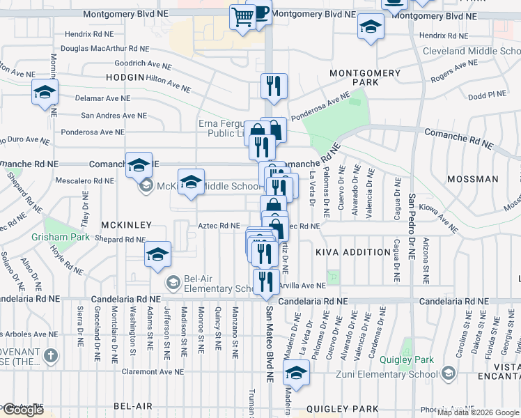 map of restaurants, bars, coffee shops, grocery stores, and more near 3325 San Mateo Boulevard Northeast in Albuquerque