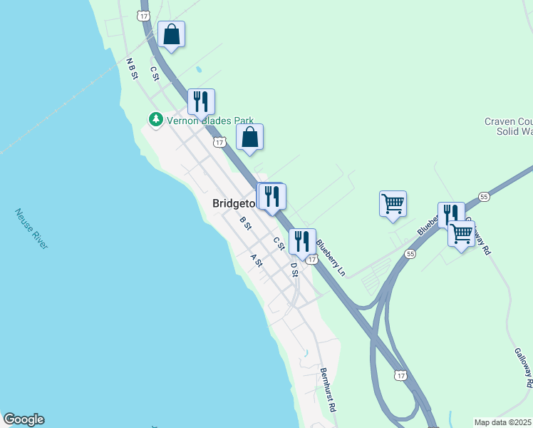 map of restaurants, bars, coffee shops, grocery stores, and more near 507 U.S. 17 in New Bern