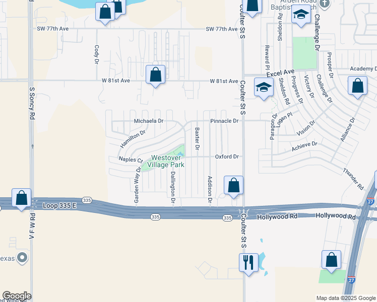map of restaurants, bars, coffee shops, grocery stores, and more near 8419 Cortona Drive in Amarillo