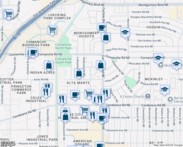 map of restaurants, bars, coffee shops, grocery stores, and more near 3417 Tulane Drive Northeast in Albuquerque