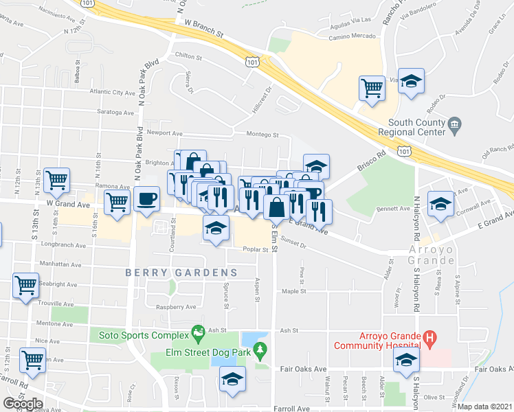 map of restaurants, bars, coffee shops, grocery stores, and more near 1238 East Grand Avenue in Arroyo Grande