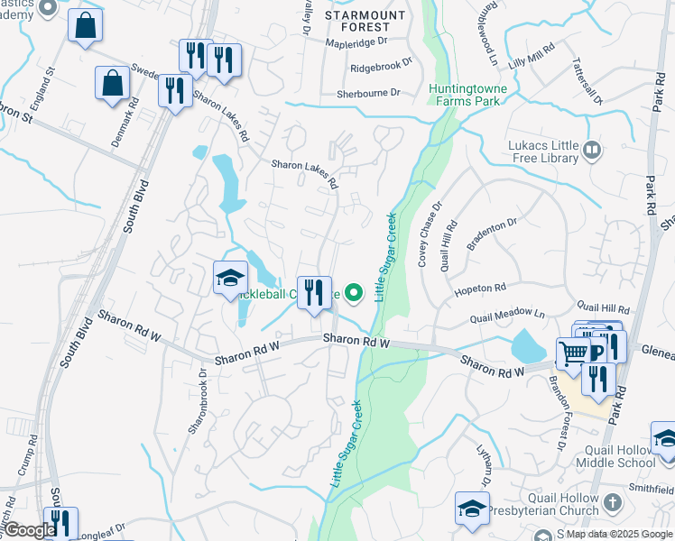 map of restaurants, bars, coffee shops, grocery stores, and more near 2021 Harvest Lane in Charlotte