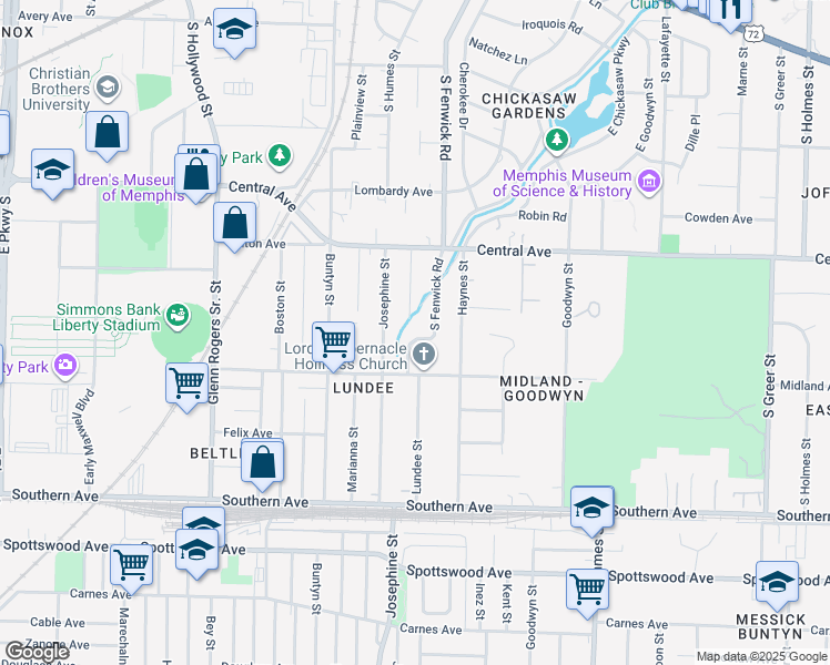 map of restaurants, bars, coffee shops, grocery stores, and more near 411 South Fenwick Road in Memphis