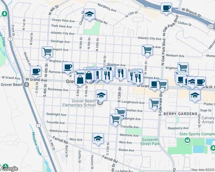 map of restaurants, bars, coffee shops, grocery stores, and more near 1150 West Grand Avenue in Grover Beach