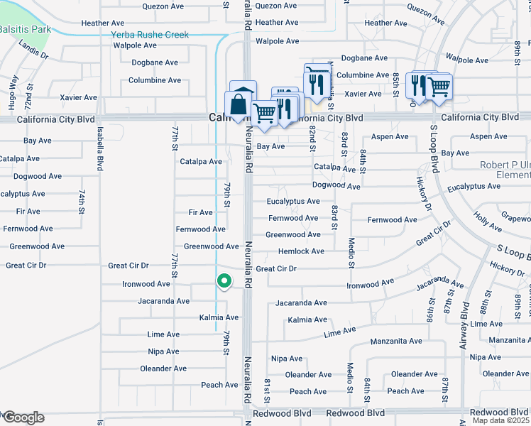 map of restaurants, bars, coffee shops, grocery stores, and more near Fernwood Avenue in California City