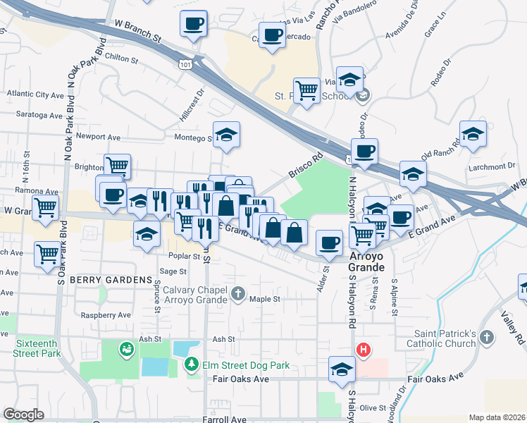 map of restaurants, bars, coffee shops, grocery stores, and more near 1167 Linda Drive in Arroyo Grande