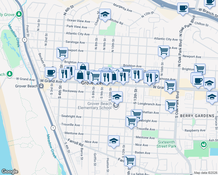 map of restaurants, bars, coffee shops, grocery stores, and more near 126 South 10th Street in Grover Beach