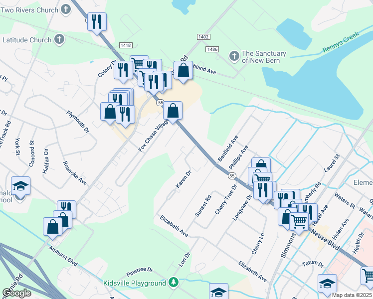 map of restaurants, bars, coffee shops, grocery stores, and more near 2801 Neuse Boulevard in New Bern