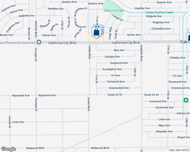 map of restaurants, bars, coffee shops, grocery stores, and more near 71st Street in California City
