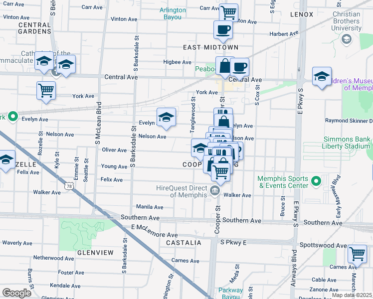 map of restaurants, bars, coffee shops, grocery stores, and more near 2046 Oliver Avenue in Memphis