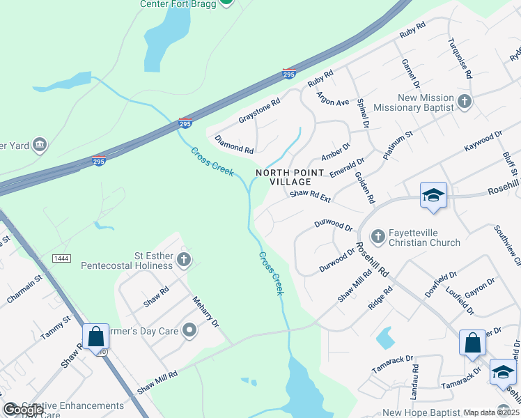 map of restaurants, bars, coffee shops, grocery stores, and more near 2179 Shaw Road Extension in Fayetteville